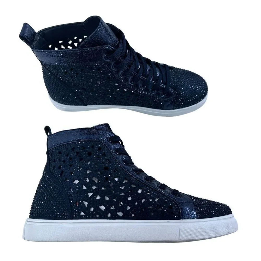 Lady Couture Flat Laser Cut High Top Bling Rhinestone Sneaker Navy Women's Size - Picture 8 of 10